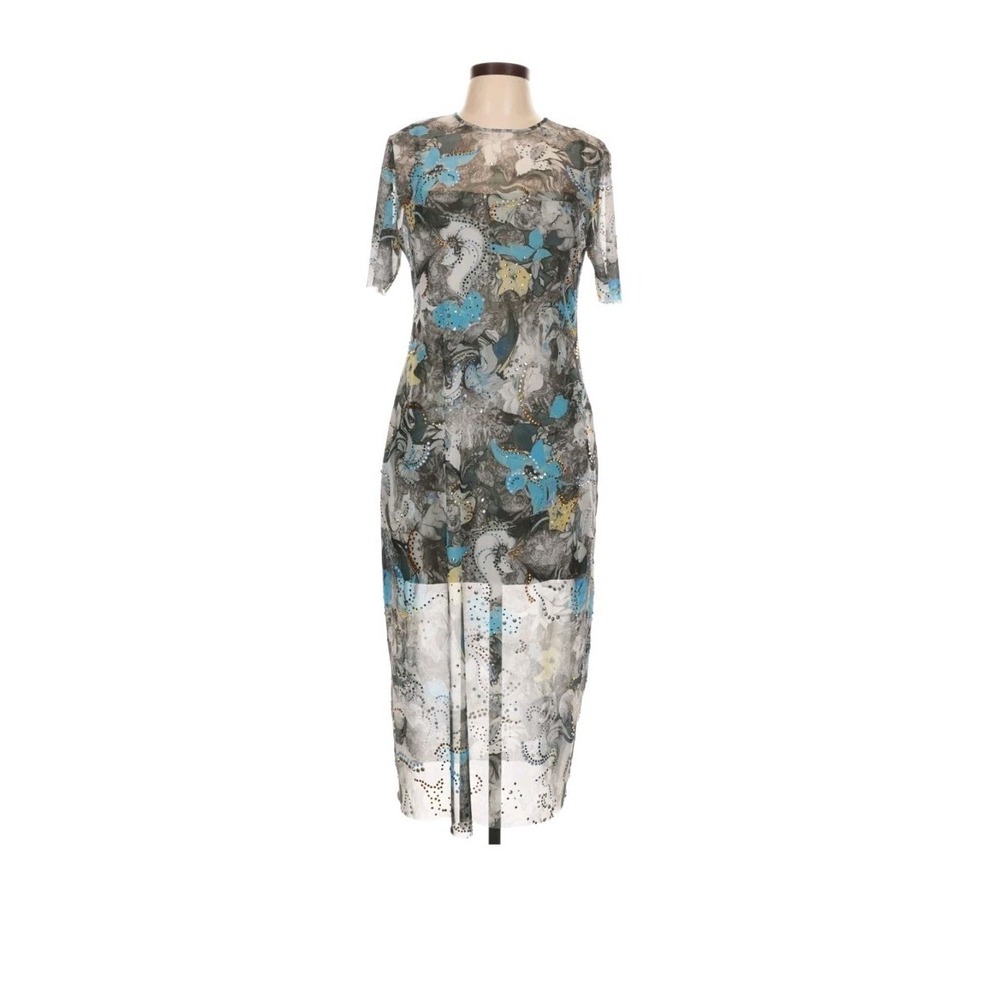 Tory Burch Blue Abstract Floral Print Mesh T-shirt Dress 12 Crystals Art To Wear
